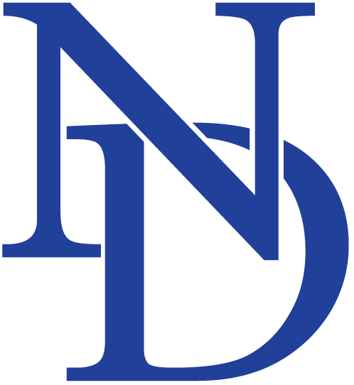 Blue 'ND' logo on a white background